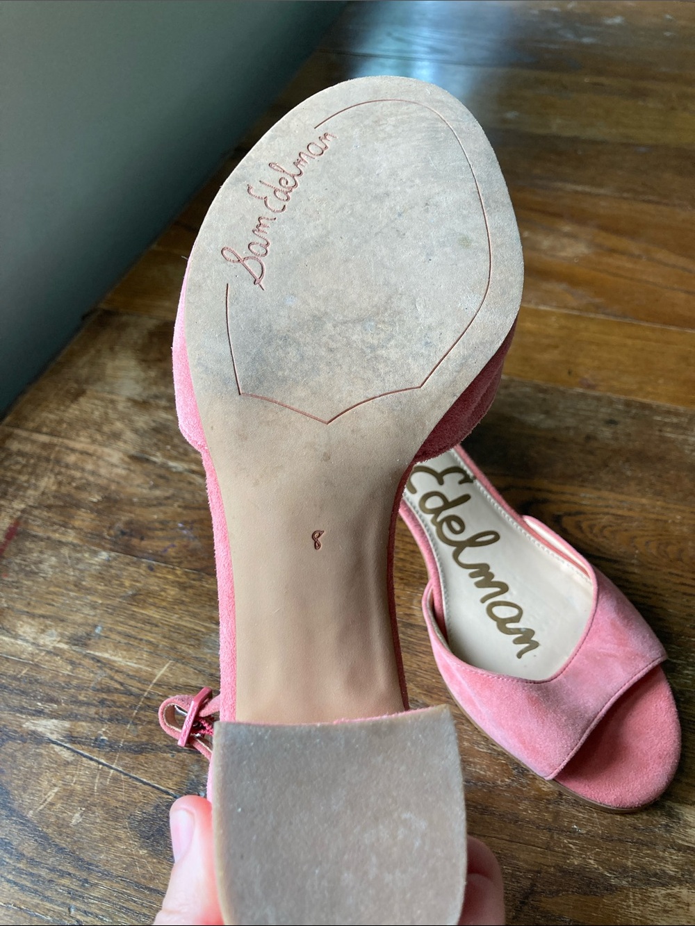Sam Edelman Coral Pink Suede Ankle-Strap Block Heels - Picture 4 of 4